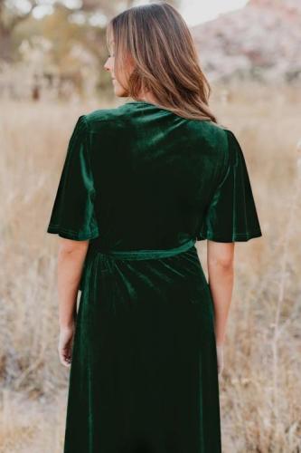 Green Velvet Pleated Wrap Tie Waist Maxi Dress