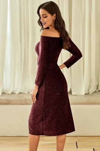 Red Off Shoulder Ruched Thigh High Slit Sequin Dress