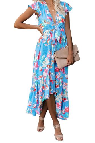 Sky Blue Floral High Low Pocketed Tie Maxi Dress