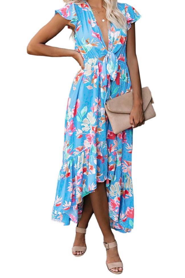 Sky Blue Floral High Low Pocketed Tie Maxi Dress