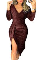 Red Glitter Ruched Thigh Slit Party Metallic Dress