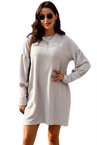 Khaki Autumn Winter Long Lantern Sleeve Knitted Sweatshirt Dress