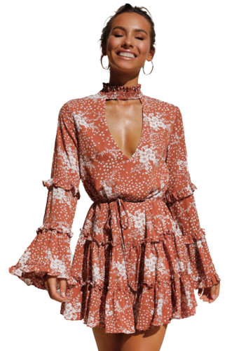 Hollow Out Neck Ruffled Layered Tiered Floral Print Mini Dress
