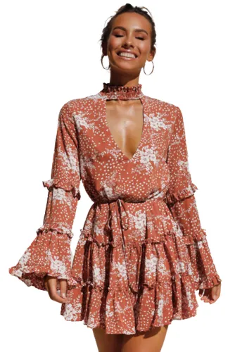 Hollow Out Neck Ruffled Layered Tiered Floral Print Mini Dress