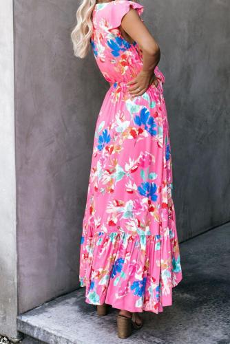 Rose Floral High Low Pocketed Tie Maxi Dress