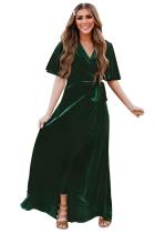 Green Velvet Pleated Wrap Tie Waist Maxi Dress