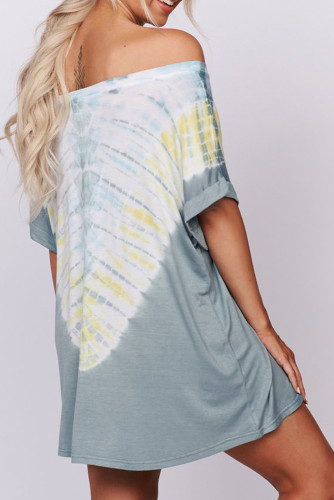 Blue Off-the-shoulder Casual T-shirt Dress with Print
