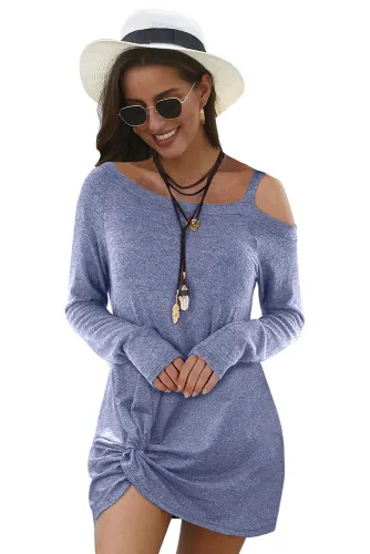 Sky Blue Cold Shoulder Twist Knit Mini Dress