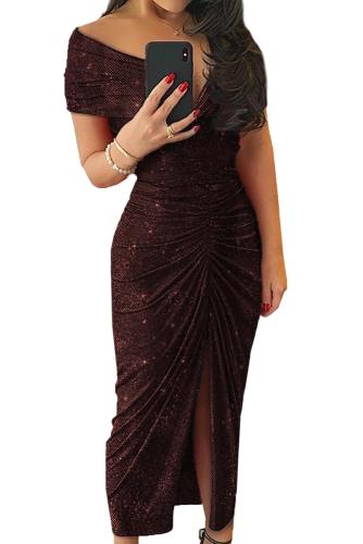 Red Glitter Off Shoulder Ruched Slit Party Dress