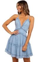Sky Blue Fit Flare Ruffle Edge Criss Cross Floral Dress
