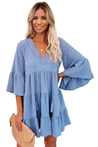 Sky Blue Cotton Tiered Babydoll Tunic Dress