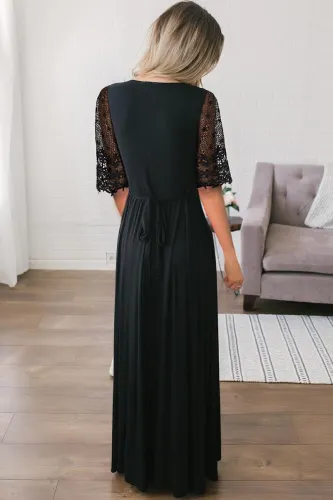 Black Floral Lace Half Sleeve Wrap V Neck Party Long Maxi Dress