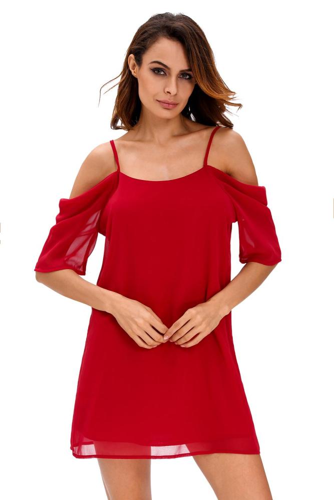 Burgundy Off Shoulder Chiffon Mini Dress