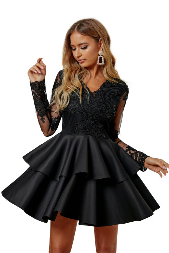 Black Sequin Embroidered Multilayer Skater Dress