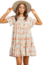 Pink Tiered Gathered Floral Print Short Dress