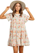 Pink Tiered Gathered Floral Print Short Dress