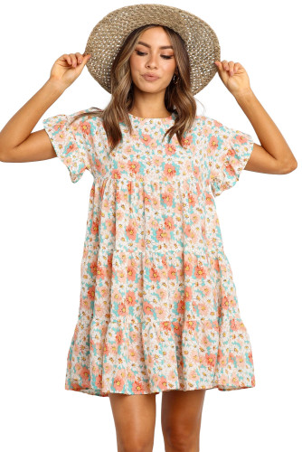Pink Tiered Gathered Floral Print Short Dress