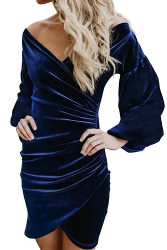 Blue Puff Sleeve Off Shoulder Wrap Bodycon Velvet Dress