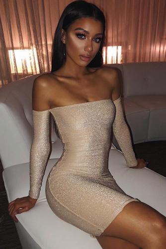 Apricot Sparkle Off Shoulder Party Dress