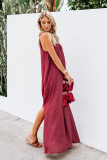 Red Crochet Detail Linen Sleeveless Maxi Dress with Slits
