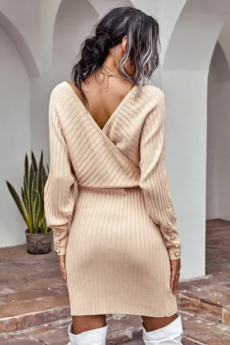 Beige Wrap V Neck Batwing Sleeves Ribbed Sweater Dress
