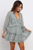 Green Ruffle Detailing Open Back Floral Dress