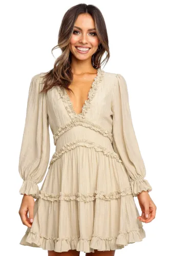 Beige V Neck Ruffle Detailing Open Back Dress