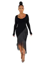 Black Glove Sleeves Fringed High-low Midi Dress