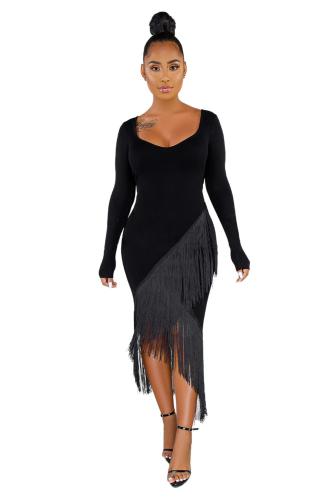 Black Glove Sleeves Fringed High-low Midi Dress