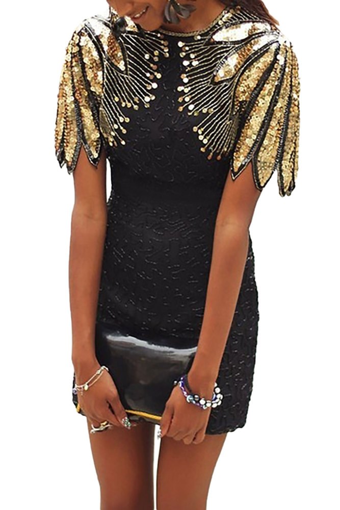 Black Sequin Shoulder Cocktail Party Dress
