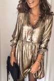 V Neck Ruffle Design Gold Mini Dress