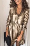 V Neck Ruffle Design Gold Mini Dress