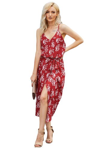 Red Print Wrap Midi Dress