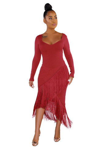 Red Glove Sleeves Fringed High-low Midi Dress