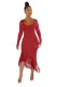 Red Glove Sleeves Fringed High-low Midi Dress