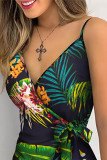 Green V Neck Leaf Print Mini Dress