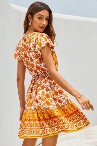 Orange Deep V High Waist Tie Short Ruffle Sleeve Mini Dress