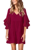 Red V Neck Ruffled Swing Tunic Shift Dress