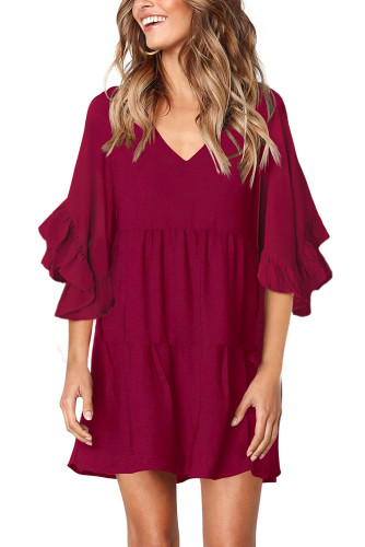 Red V Neck Ruffled Swing Tunic Shift Dress