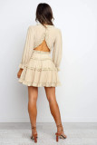 Beige V Neck Ruffle Detailing Open Back Dress