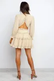 Beige V Neck Ruffle Detailing Open Back Dress