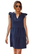 Blue Short Ruffled Sleeve V Neck Tiered Gathered Dress