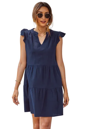 Blue Short Ruffled Sleeve V Neck Tiered Gathered Dress