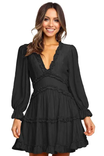 Black V Neck Ruffle Detailing Open Back Dress