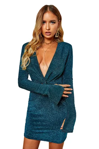 Glittering Sequin Plunge Neck Twisted Mini Dress