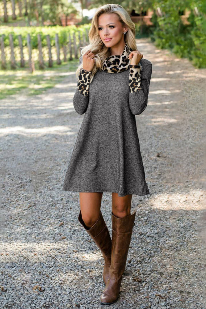 Charcoal Leopard Cowl Scarf and Cuff Cotton Mini Dress