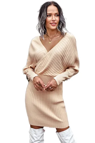 Beige Wrap V Neck Batwing Sleeves Ribbed Sweater Dress