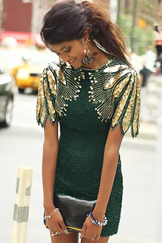 Green Sequin Shoulder Cocktail Party Dress
