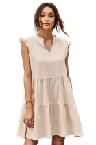 Beige Short Ruffled Sleeve V Neck Tiered Gathered Dress