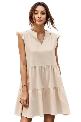 Beige Short Ruffled Sleeve V Neck Tiered Gathered Dress